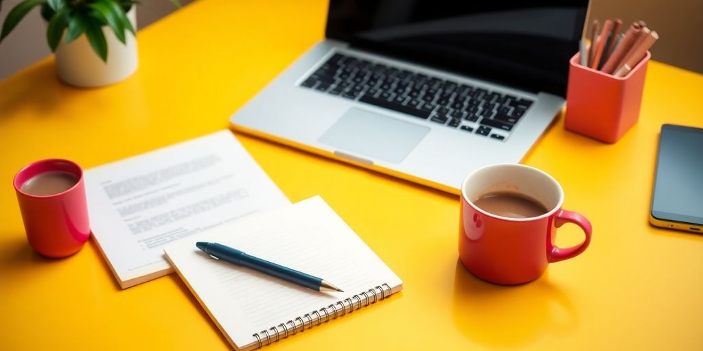Colorful workspace with laptop and coffee cup.