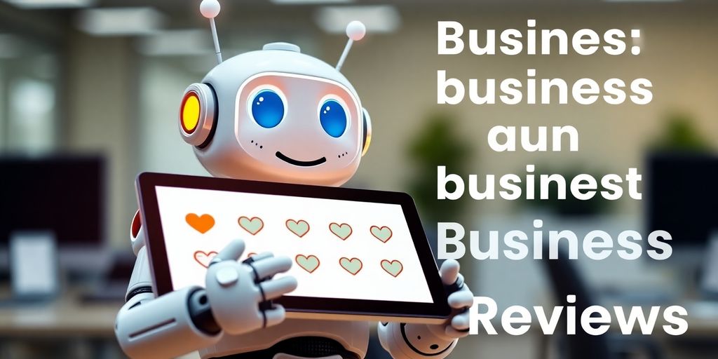 Friendly robot assisting with business reviews.