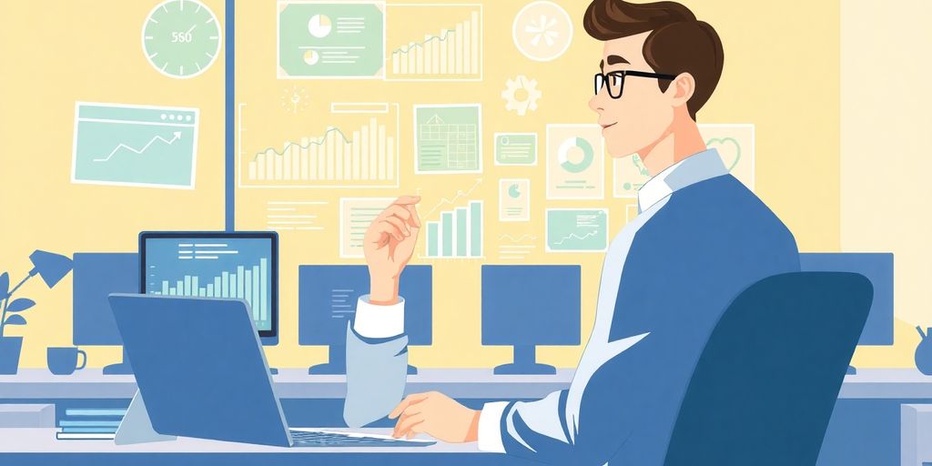 Marketing director reviewing data on multiple screens.