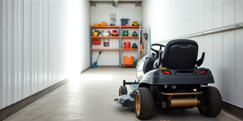 Lawn mower inside a clean, well-organized storage unit.