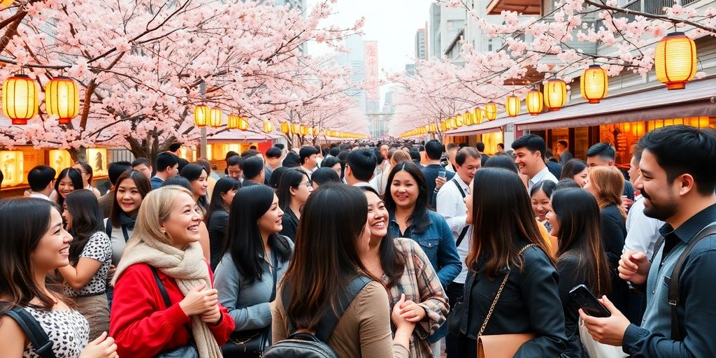 Expats socialising in a Tokyo park during cherry blossom season.