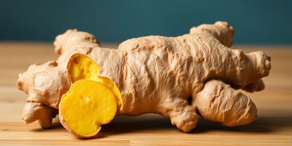 Fresh ginger root with bright yellow flesh.