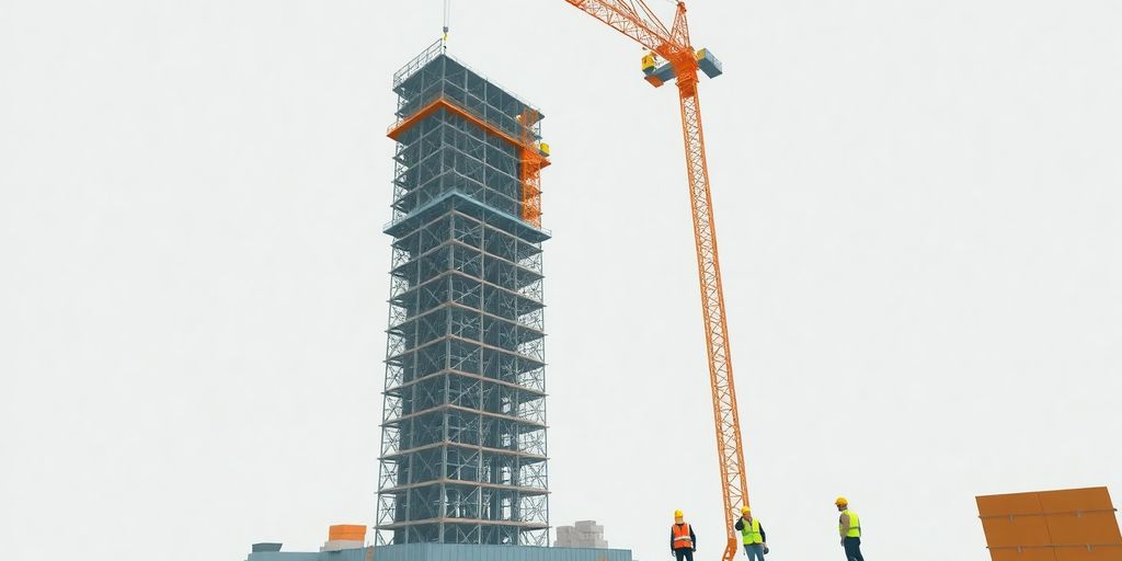 Workers constructing a building with a crane.