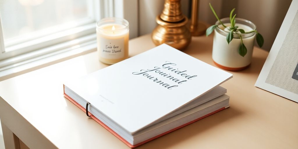 A guided journal on a desk with a candle.