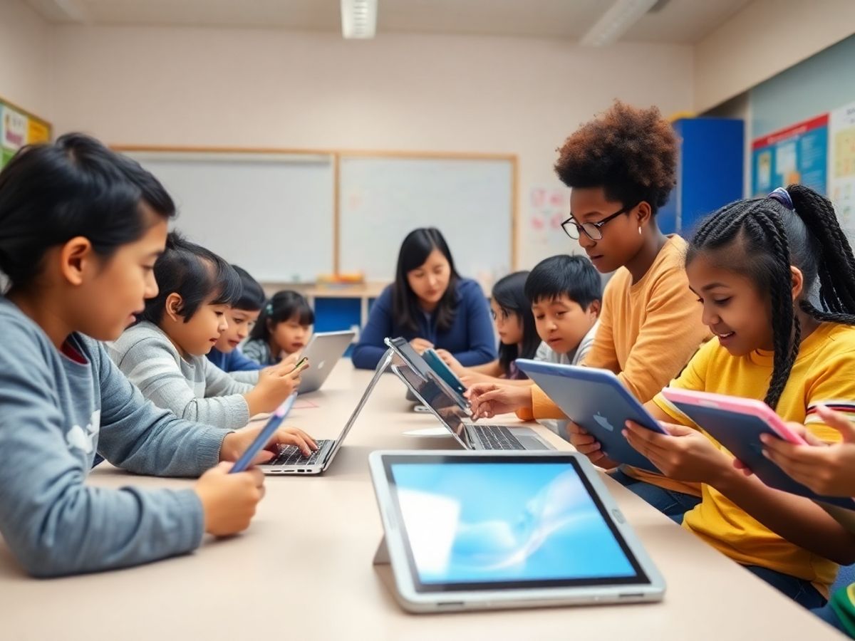 Elevi folosind dispozitive digitale în clasă.