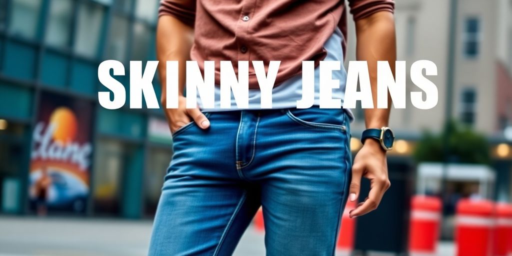 Man in skinny jeans with trendy outfit against city backdrop.