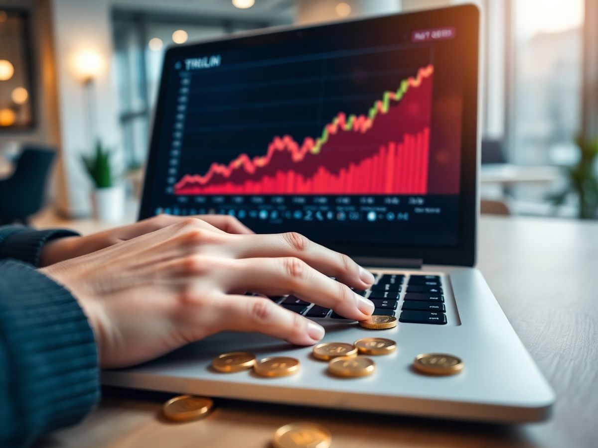 Laptop deschis, monedă digitală, creștere vânzări, succes online.