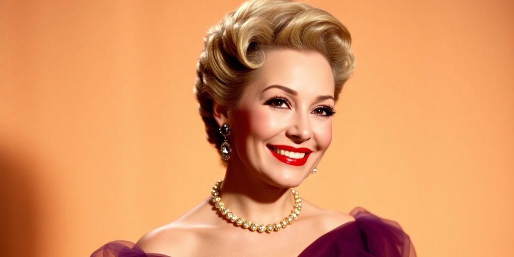 Mitzi Gaynor in an elegant gown, smiling brightly.