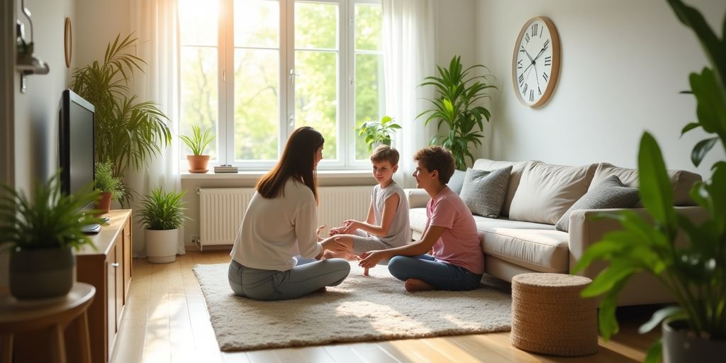 Bright living room with houseplants, showing a mold-free space.