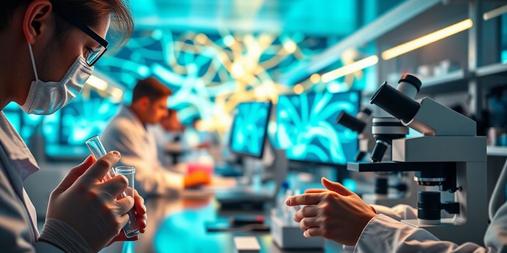 Stock market volatility, biotechnology lab.