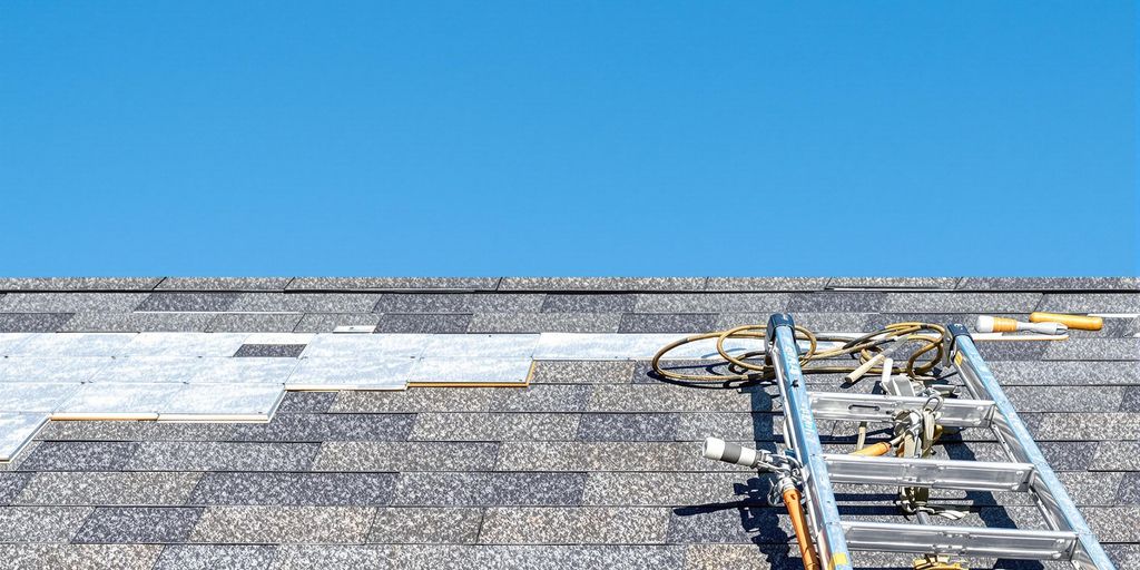 New roof installation with shingles and tools on a house.
