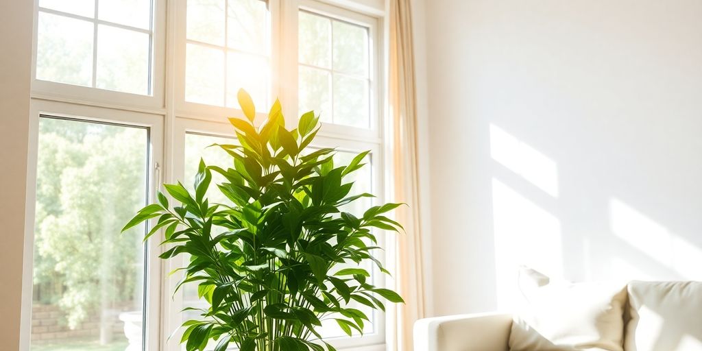 Cozy living room with a window and plants, suggesting fresh air.