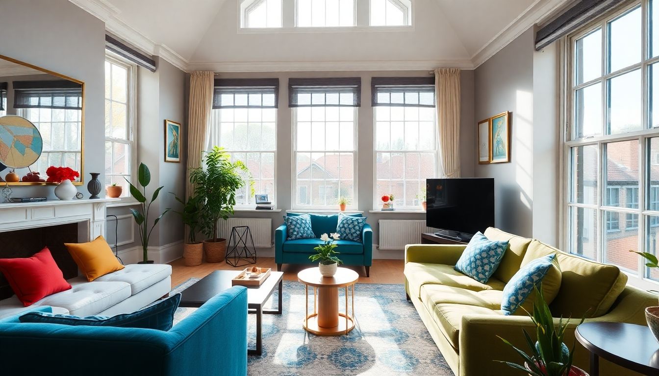 Modern townhouse interior with stylish furniture and decor.
