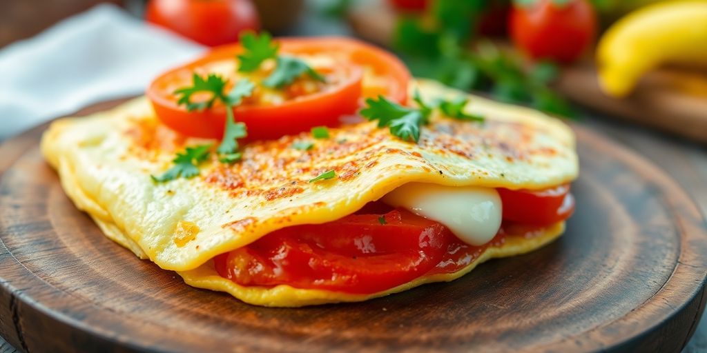 Fresh tomato and mozzarella cheese omelet on a plate.