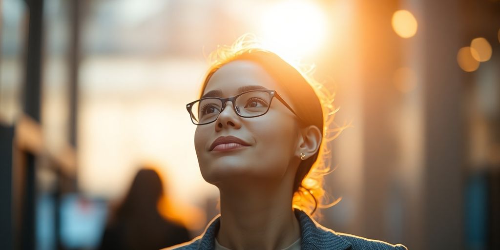 Professional looking ahead, blurred digital background.