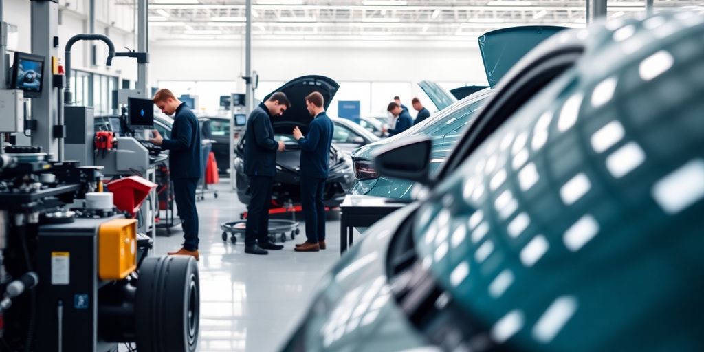 Engineers collaborating in a high-tech automotive research lab.