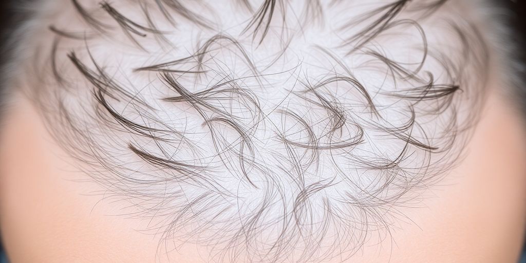 Hair strands on scalp, sparse.