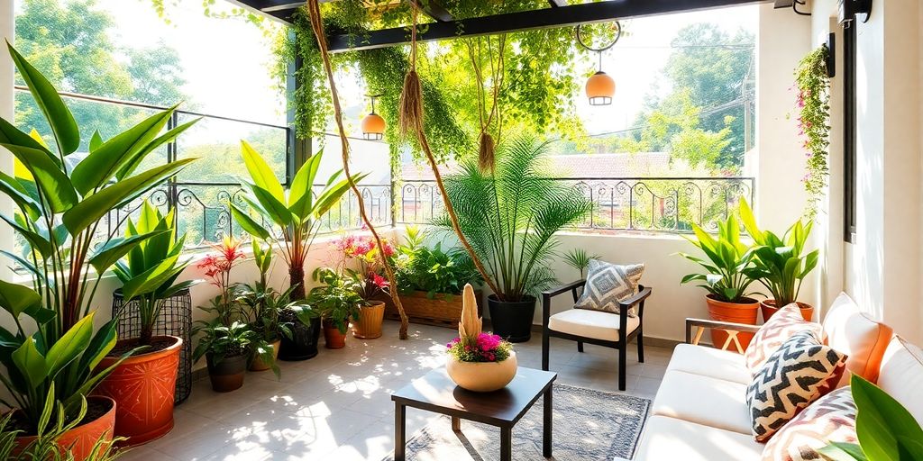 Bright patio with seating and greenery in Manila apartment.