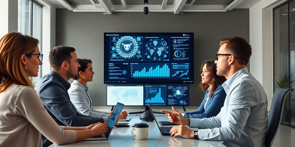 Profissionais em escritório moderno colaborando com tecnologia.