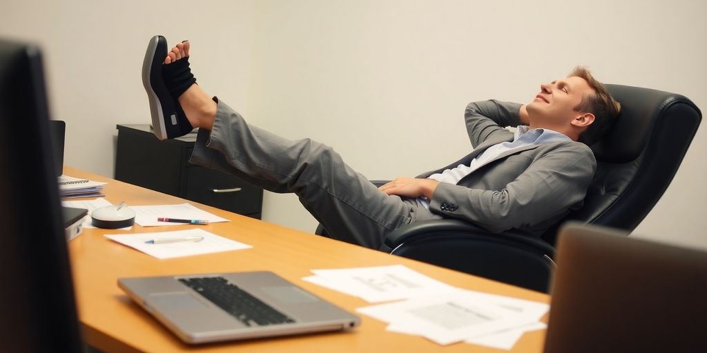 Person relaxing in office chair.