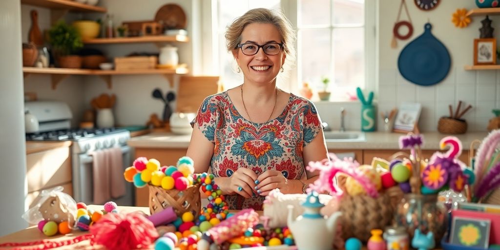 Mulher feliz com artesanato em uma cozinha iluminada.