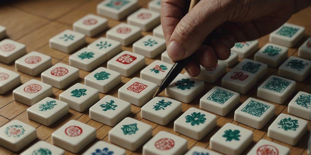 Close-up of a hand drawing a Mahjong tile with a brush, surrounded by Mahjong tiles.