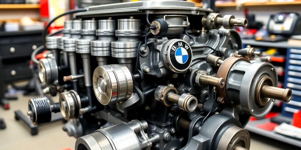 Close-up of a BMW engine rebuild process.