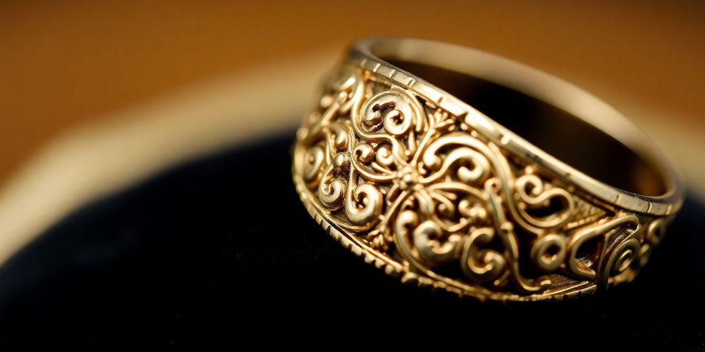 Bague en or vintage sur un fond en velours noir.