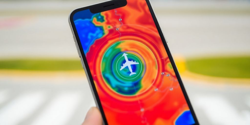 iPhone displaying FlightAware radar with airplane.