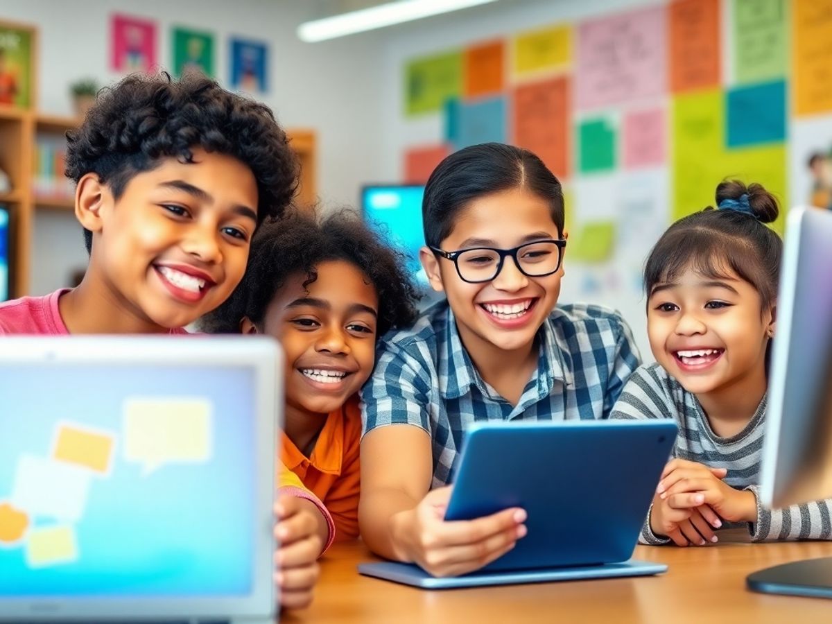 Studenți fericiți învățând cu ajutorul tehnologiei.