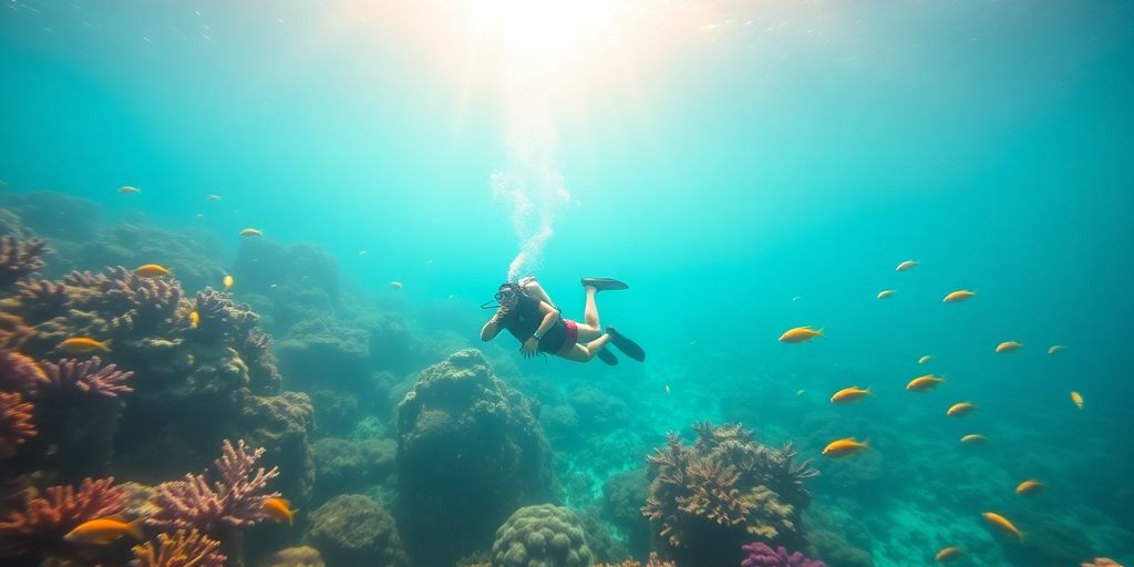 Vibrant coral reef teeming with colorful fish underwater.