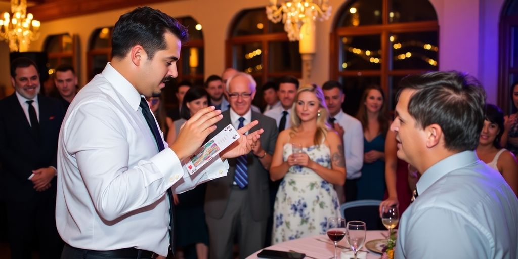 Magician entertaining wedding guests with card tricks.