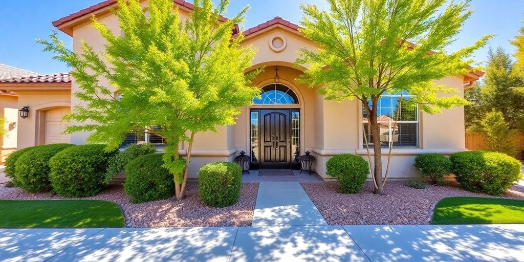 Charming home exterior in Henderson, NV with greenery.