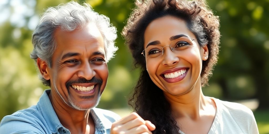 Couple smiling, holding hands, walking in park