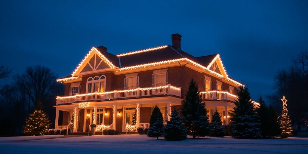 Professionally lit house in winter evening.