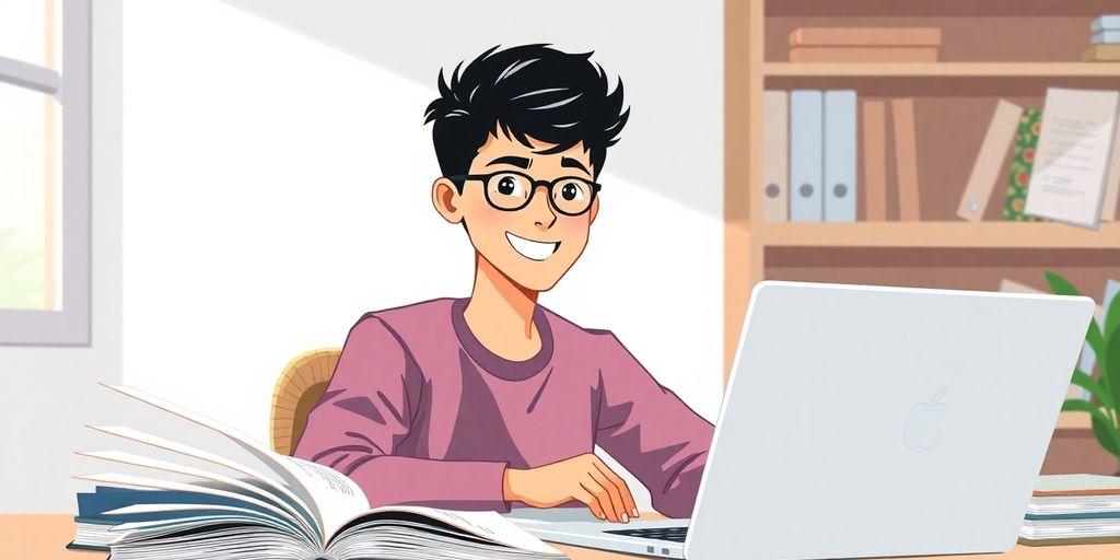 Student at desk, laptop, books, Deloitte brochure.