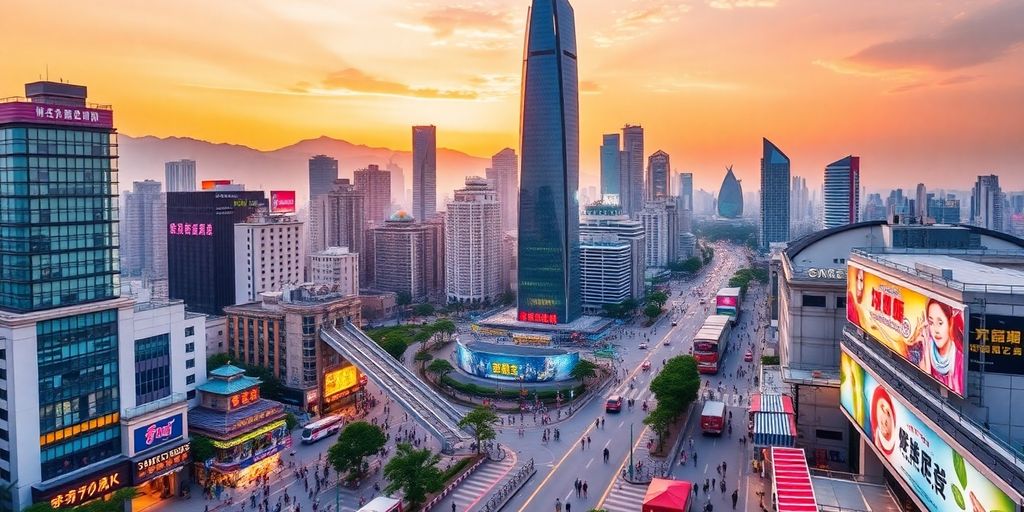 Shenzhen skyline with modern buildings and busy streets.