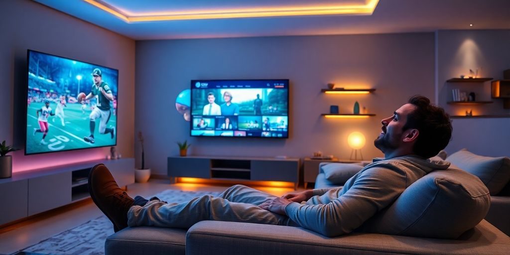 Man relaxing, watching diverse content on holographic screen.