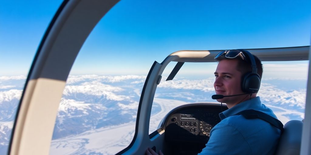 A pilot flying a small plane over Alaskan snow-capped mountains.