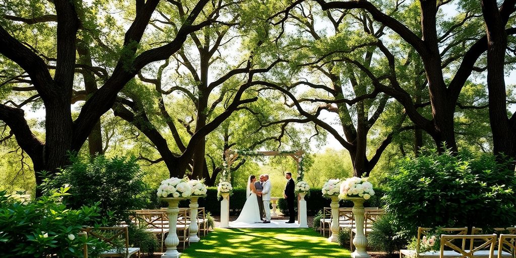 Outdoor wedding venue with greenery and floral decorations.