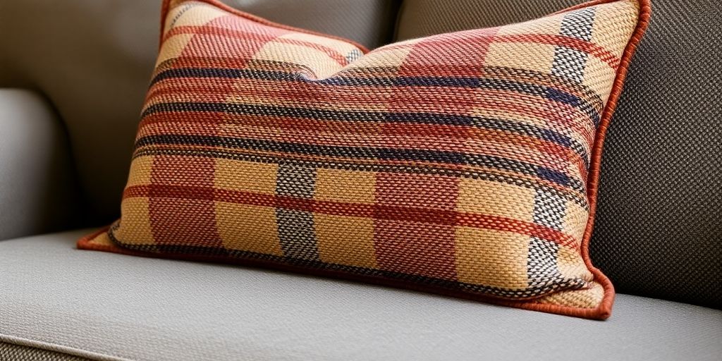 Woven plaid lumbar pillow on a couch.