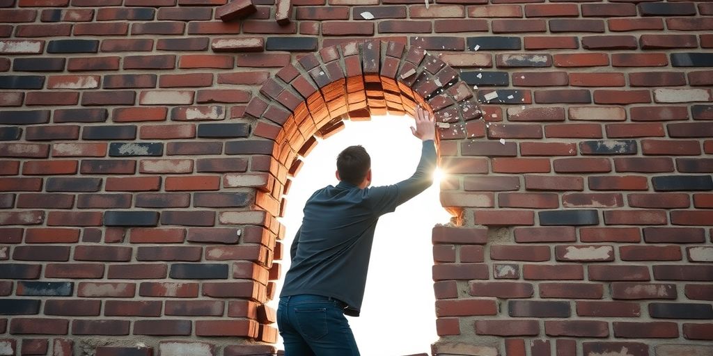 Person breaking through a wall with determination.