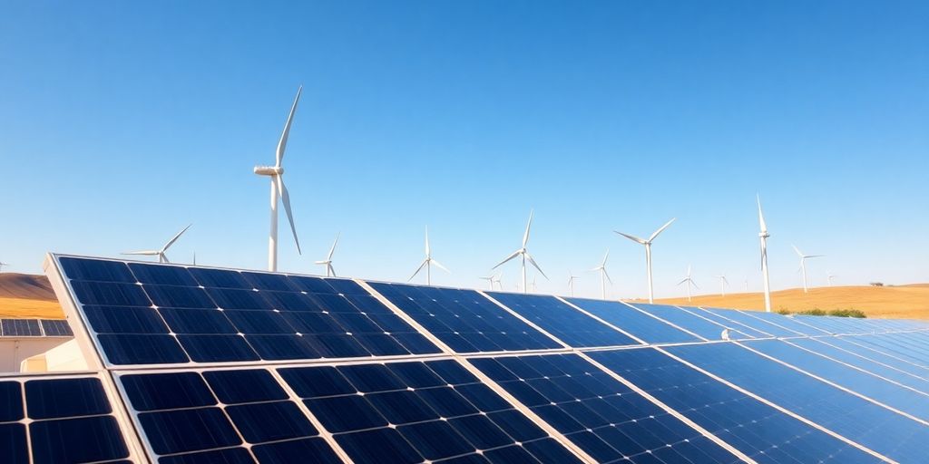 Photograph of a solar park with wind turbines.