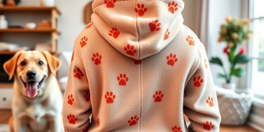 Cozy hoodie with dog paw prints and a happy dog.