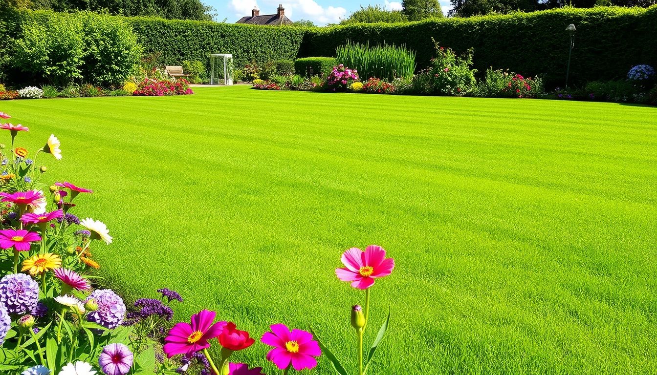 Lush green garden with flowers and blue sky.