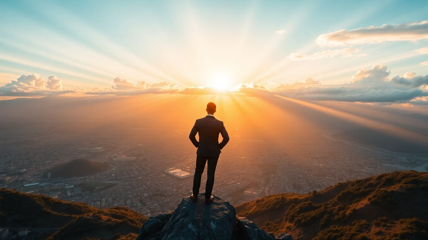 Businessman on mountain peak viewing sunrise over city