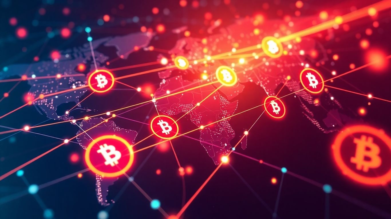 Digital currency flowing rapidly between global network nodes.