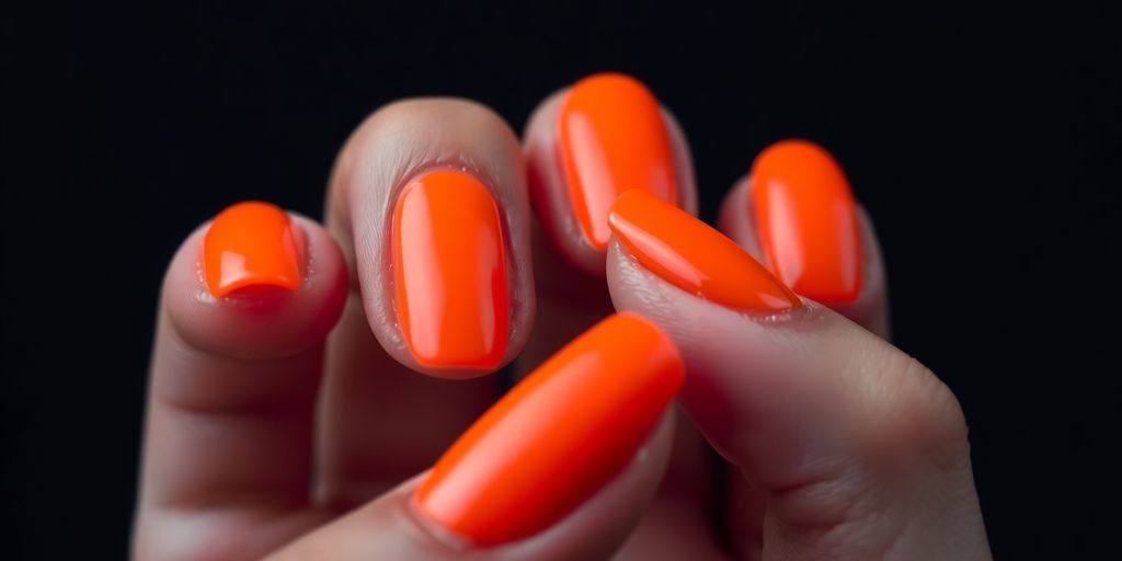 Unhas laranja neon brilhantes em fundo escuro.