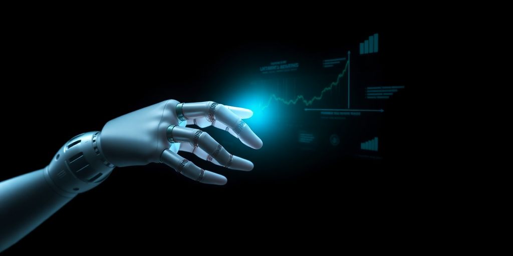 Robot hand, digital finance interface.