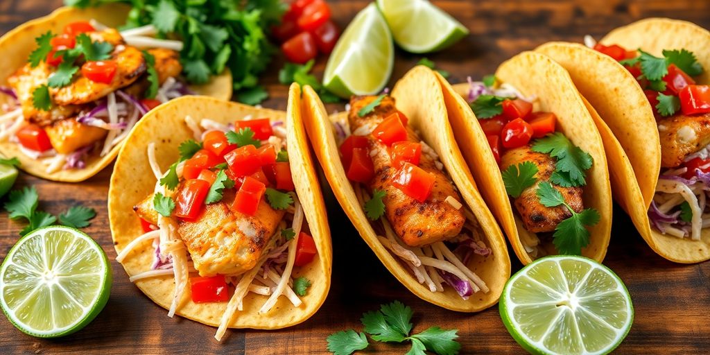 Assorted tacos, vibrant salsa, and lime on a wooden table.